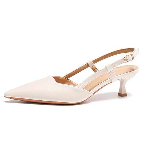 Damen Slingpumps Schnall Blockabsatz Sandalen Kitten Heel High Heels Sexy Pointed Toe Schuh 5cm Lässig Büroschuhe Dress Schuhe (Beige,40)