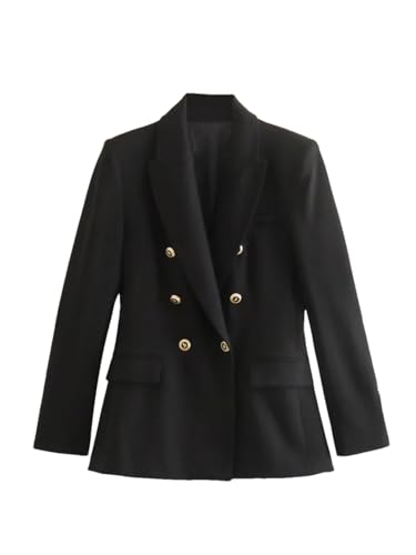 Women's Casual Double Breasted Blazer Lapel Long Sleeve Pocket Gold