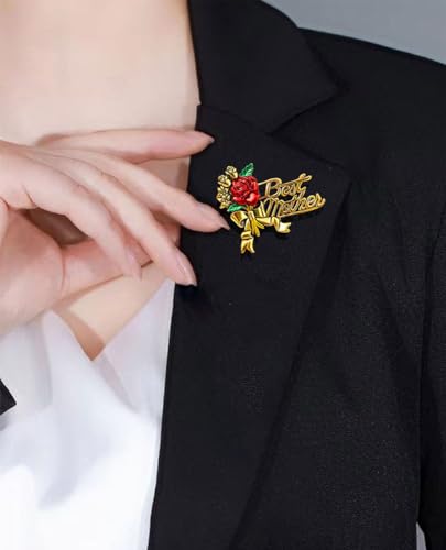 Image of Elegant Flower Best Mother Brooch Pin for Women Girls Mom Fashion Red Blue Rose Green Leaf Bowknot Ribbon Badge Brooches Lapel Pins Cute Dress Accessories Mother's Birthday Christmas Jewelry for Mommy Wife