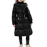 Lange Winterjacke für Mädchen, mit Gürtel, mit Kapuze, gepolsterter Mantel, Kinder, warmer Parka, gesteppt, Oberbekleidung, dick, winddicht, Reißverschluss, Oberbekleidung für Schule, Outdoor, Schwarz
