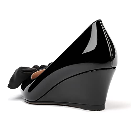 WAYDERNS Women's Patent Pointed Toe Slip On Bow Decoration Wedge Low Heel Pumps Shoes 2 Inch4