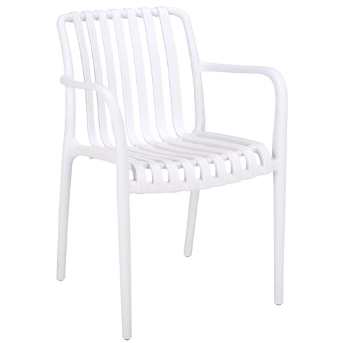SAFAVIEH Outdoor Patio Furniture Collection Holly White Stacking Dining Armchair Set of 2 Fully Assembled Outdoor Chairs Modern Slatted Design Weather-Resistant Patio Seating (PAT4702C-SET2)