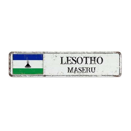 Plaque en métal vintage avec drapeau du Lesotho - Décoration de rue - Plaque en aluminium pour maison, buanderie, terrasse, souvenir national, campagne - Affiche d'art de route - Cadeau pour magasin -