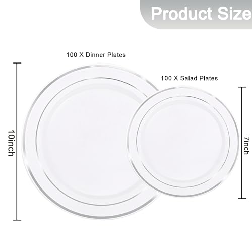 Image of I00000 200 Pcs Silver Plastic Plates - Silver Disposable Party Plates Include 100 Dinner Plate and 100 Elegant Dessert Plate Perfect for Party, Holiday, Wedding & Birthday