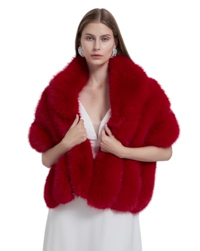 UMREN Womens Luxury Party Faux Fox Fur Long Shawl Cloak Cape for Winter Red A
