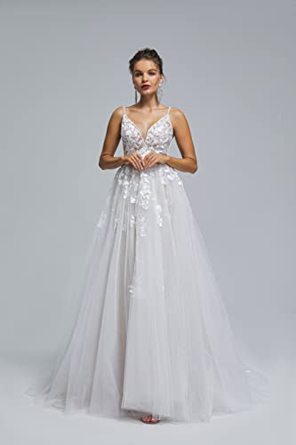 Image of Spaghetti Chiffon Beach Wedding Dress V Neck A line Bridal Gowns Lace Plus Size Wedding Dress