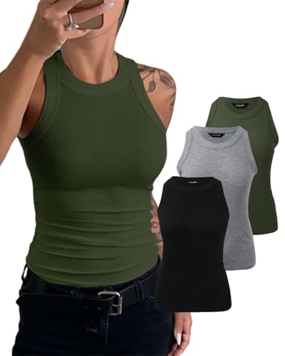 CHICME 3 Piece Womens Tank Tops Sleeveless Basic Cami Shirt Slim Knit Ribbed Racerback Blouses