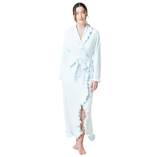 Softies Womens Ultra Soft Ruffle Ankle-Length Chenille Robe Lightweight Side Seam Pockets Light Blue S