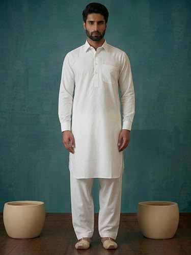 Image of SOJANYA (Since 1958 Men's Soft & Comfortable Cotton Blend Solid Pathani Set-Perfect for Eid & Holi Celebrations