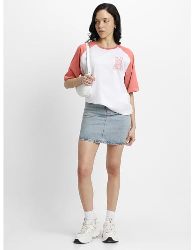 Image of JUNEBERRY 100% Pure Cotton Oversized Baggy Fit Drop Shoulder Round Neck Graphic Printed Raglan Sleeve T-Shirt for Women (Sizes: S to 2XL)