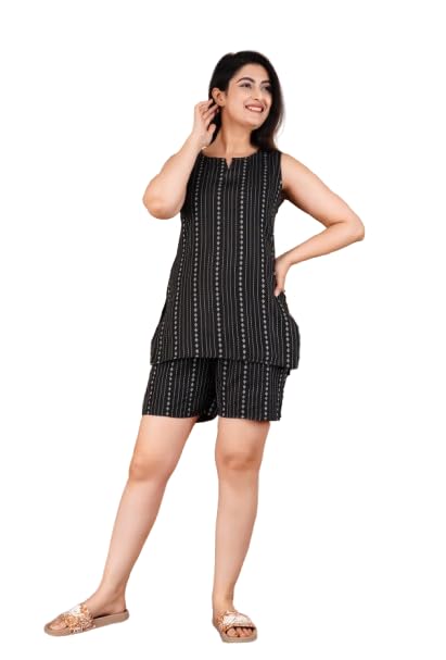 Sleeveless Printed Cotton Top and Short Set, Night Dress, Night Suit for Woman