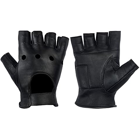 ZMA Real Leather Gloves for Men & Women | Half Finger Anti-Slip Shock-Absorbing Pad Mountain Bike Gloves for Gym MTB Riding Running Biking Exercising | Breathable Bicycle Gloves (Large, Black) Cover