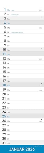 Alpha Edition Streifenplaner Mini Blau Kalender 2026 – 9,5x33 cm – Kompakter Wandplaner für Singles – Schlichtes Design für Küche, Büro & Flur – Mit Feiertagen (DE/AT/CH): Streifenkalender teNeues