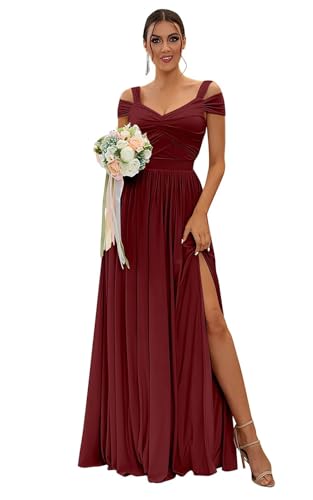 SOLODISH Off The Shoulder Bridesmaid Dresses Long for Women Chiffon Formal Evening Party Gown with Slit