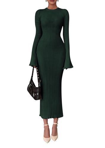 PRETTYGARDEN Sweater Dresses for Women 2026 Fall Bell Long Sleeve Crew Neck Bodycon Maxi Dress Winter Ribbed Knit Outfits (Army Green,Small)
