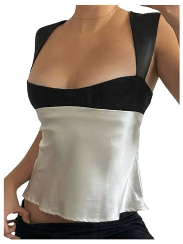 SHENHE Women's Satin Tie Back Tank Top Color Block Wide Strap Scoop Neck Silky Top
