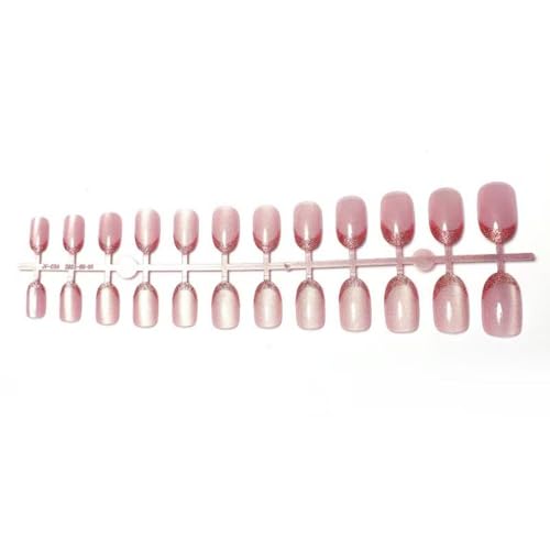 Image of Glitter Press on Nails Pink French Tip With Shiny Design Nude Pink Glue on Glossy Artificial Acrylic Full Cover Short Almond False Nails for Women Manicure 24Pcs