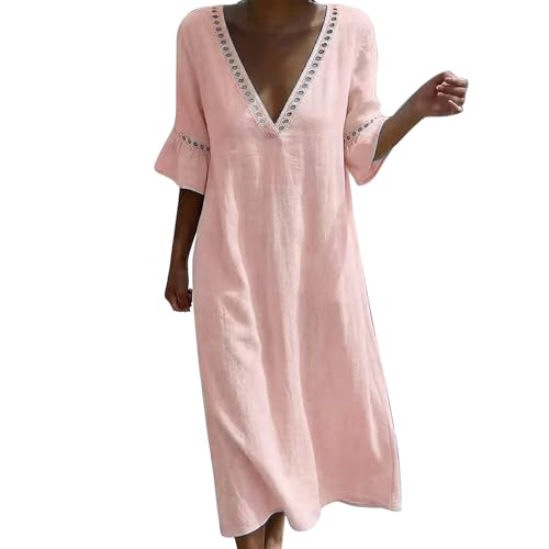 Robe d'été pour femme en coton et lin ample à col en V
