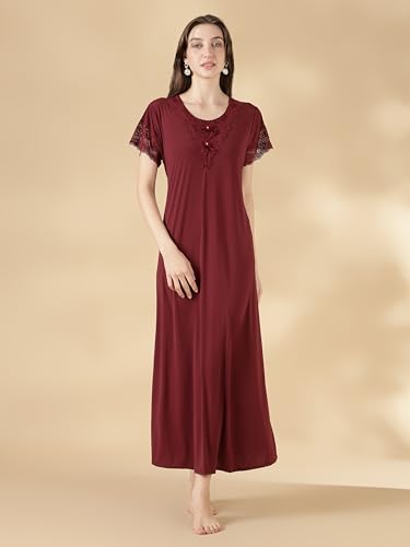 Image of 9shines Label Stylish Soft Modal Maxi Nighty | Honeymoon Nighty | Full Length Trendy Nightgown | V-Neck Lace | Premium Nightdress | Soft Long Nightdress | Maxi Gown Nightwear for Women (Malai Satin)