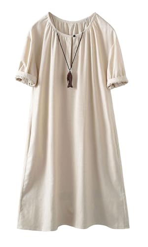 Minibee Women's Cotton Linen Dress Short Sleeve...