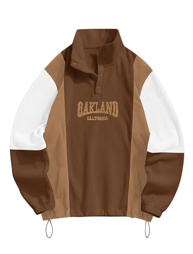 ZAFUL Mens Casual Colorblock Embroidered Pullover Sweatshirt Fuzzy Polar Fleece Button Long Sleeve Sweatshirt with Pocket