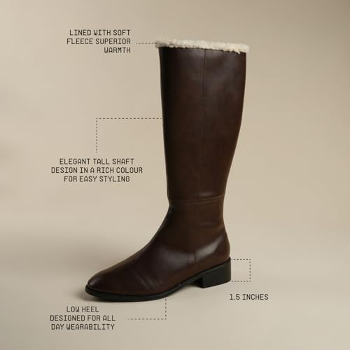 Image of Theater Women Huskies Knee-High Boots with Low Block Heel | Smooth PU Upper with Soft Fleece Lining | Comfortable Wear for Winter & Smart Casual Styling