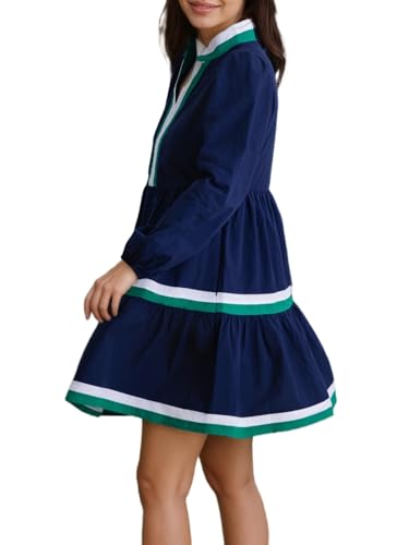 Womens Puff Long Sleeve Babydoll Dress V Neck Navy Blue Striped Color Block Tiered Mini Dresses3