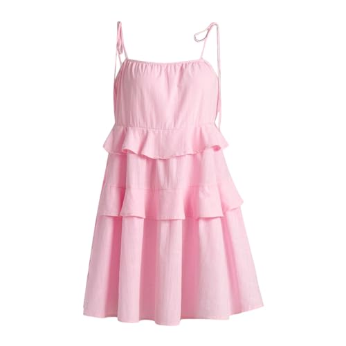 Women's Casual Dress V-Neck Lace Hollow Out Short Sleeve Ruffled Summer Cake Skirt for Everyday and Vacation (M) Pink2