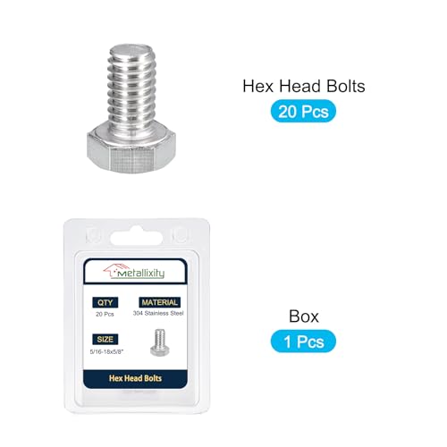 Image of METALLIXITY Hex Head Bolts (5 /16-18 x 5 /8 inch) 20Pcs, 304 Stainless Steel 18-8, Fully Threaded, External Hex Drive, Plain Finish, Hex Head Screw Bolt, Silver