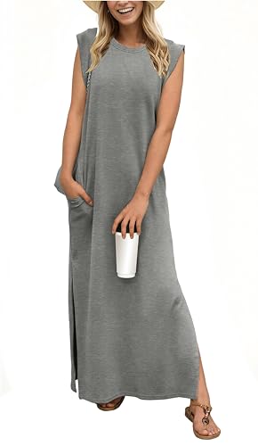 Image of GRECERELLE 2026 Women Year-Round Casual Round Neck Loose Split Wrinkle-Free Long Maxi Vacation Dress with Pockets (XXS-4XL)