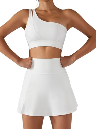 Tennis Skirts for Women with One Shoulder Sport Bra Set 2 Piece High Waisted Athletic Golf Skorts Skirt with Built in Shorts Running Workout Sports Activewear White Small