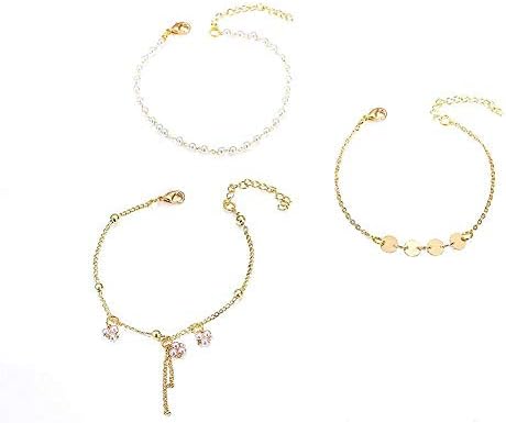 Gold Pearl Chain Bracelet Simple Pearl Bead Bracelet Set for Women Teen Girls 3 Pcs Disc Coin Chain Bracelet Gold Pearl Layered Stackable Bracelet Set