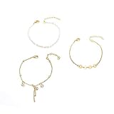Gold Pearl Chain Bracelet Simple Pearl Bead Bracelet Set for Women Teen Girls 3 Pcs Disc Coin Chain