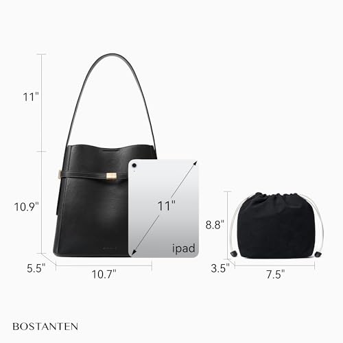 Image of BOSTANTEN Vegan Leather Purses for Women Quiet Luxury Shoulder Bucket Bag | Soft Luxury Tanned Leather, Include Drawstring Pouch, Front Belted Design, Fixed Wide Strap, for Everyday Office Weekend