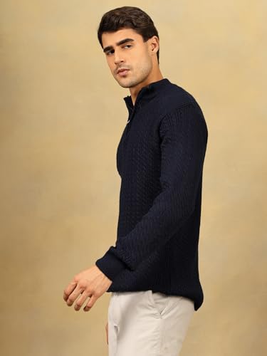 Image of Kvetoo Men's Full Sleeve High Neck Zipper Sweater| Warm Cable Knit Quarter Zip Pullover | Wool Winter Sweater for Casual & Office Wear