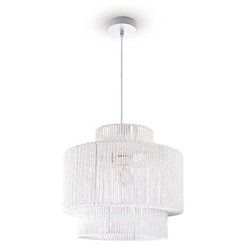 Paco Home Pendelleuchte Esstisch Papier Boho Hängelampe Esszimmer Lampe E27 Hängeleuchte Rattan, Farbe:Weiß (Ø40cm), Leuchtenart/Farbe:Pendelleuchte - Weiß