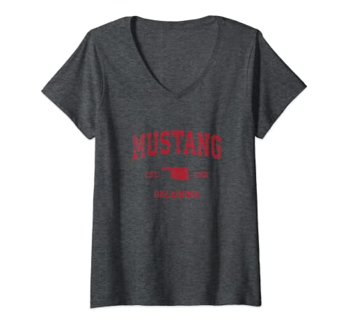 Damen Mustang Oklahoma OK Vintage-Sport-Design, roter Druck T-Shirt mit...