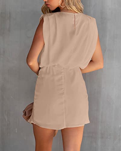 Wihion Women's Sleeveless Bodycon Mini Dresses Side Split Ruched Dresses Padded Shoulder Short Dresses Elegant Dress Khaki #TOP4