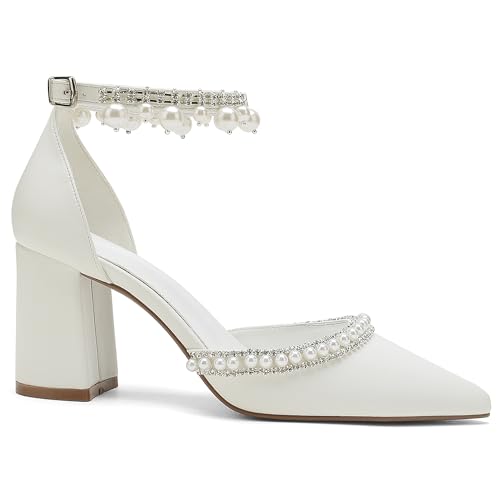 Hyinlays Women's Chunky Block Heels Open Toe Pump Heels with Pearls Ankle Strap Wedding Sandals Evening Party Dress Shoes4