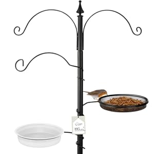 Vogel Futterstation aus wetterfestem Metall, Höhe 195cm – Komplettset inkl. Vogeltränke und Futterteller für Mehlwürmer Körner Erdnüsse, Vogelbad Schwarz