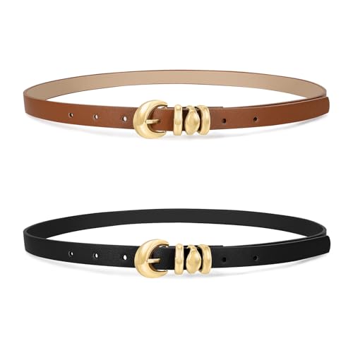 XZQTIVE 2 Pack 0.71'' Womens Skinny Leather Belts for Ladies Thin Waist Belt for Jeans Dress Pants with Fashion Gold Buckle