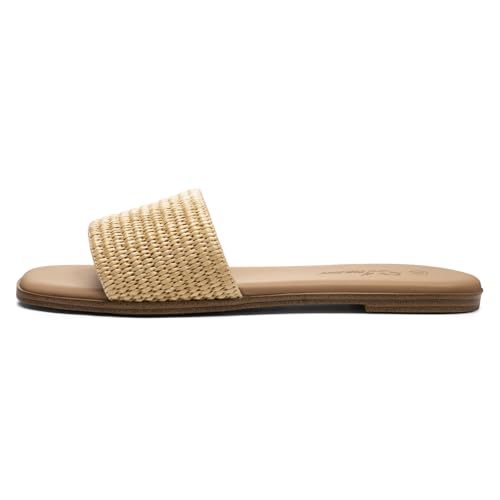 Image of Athlefit Flat Sandals Women Dressy Square Toe Raffia Summer Slide Sandals