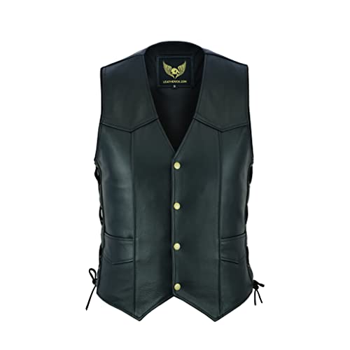 Leatherick Herren Premium Top Genarbt Rindsleder Klassische Motorradweste mit seitlichen Schnürungen schwarz Gr. 5XL, Schwarz