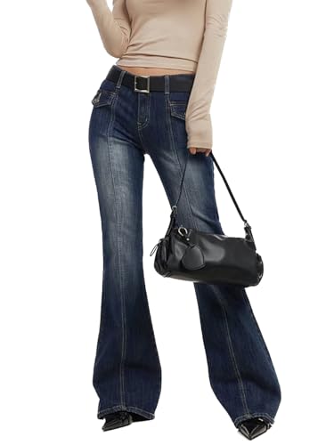 EMMIOL Women Baggy Bell Bottom Jeans Y2K, Trendy Flare Jeans Mid-Low Rise, Bootcut Flared Wide Leg Stretchy Loose Denim Pants