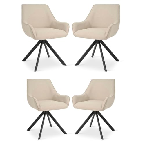 Image of Set of 4 Chairs 360 Degree Rotating Legs Stylish, Modern, Elegant & Comfortable Linen Fabric Arms Chairs for Dinning Living Hotel Cafe (Beige Linen Set of 4)