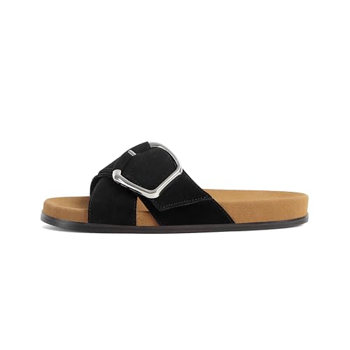 Image of Flat Sandals for Women Cross Buckle Straps Slides Slip-On Comfortable Summer Vacation Beach Sandals