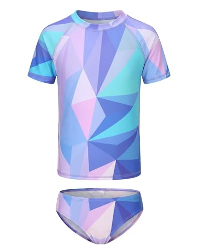 Image of Girls Two Piece Rash Guard Swimsuits Set Short Sleeve Bathing Suit for Kids Hawaiian Swimwear Set 3-16 Years