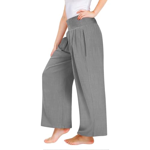 Moonker Girls Linen Palazzo Straight Wide Leg Pants High Elastic Waist Casual Trousers Summer Beach Travel Girl