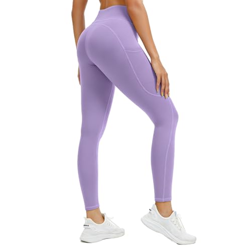 AMLEER Leggings with Pockets for Women High Rise Tummy Control Yoga Pants Buttery Soft Non See Through Squat Proof Workout Leggings Dasheen Purple Large