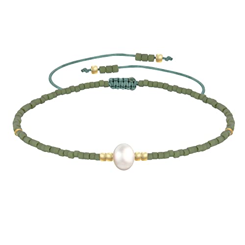 LES POULETTES BIJOUX - Bracelet Lien Perle d'Eau Douce Blanche et Petites Perles Mates - Vert kaki